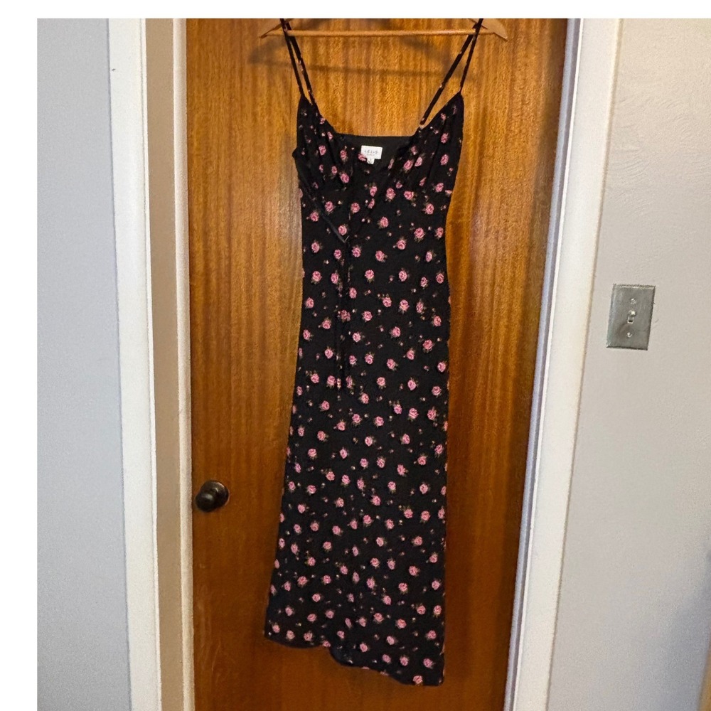 Le Lis Collection Black Pink Rose Floral Midi Dress Ruched Tie Front Small